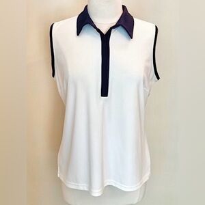 Van Heusen Women Navy White Sleeveless Pointed Collar Pullover Casual Top Size L